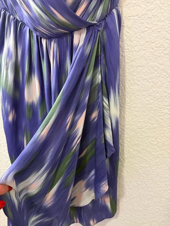Purple Blue Abstract Print Dress | Flowy Fit & Flare Mini | 100% Silk | Size 8 - Picture 6 of 16